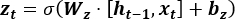RNN update gate equation, zt=σ(Wz·[ht-1, xt]+bz), formula for neural network computation.
