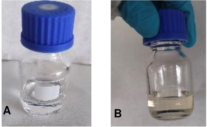 figure-protocol-2 试管中的化学反应;A:澄清溶液,B:浑浊混合物;用于溶解度测试。