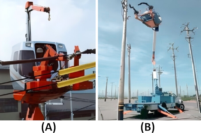 Power line maintenance robots; diagram of robotic systems fixing electrical lines.