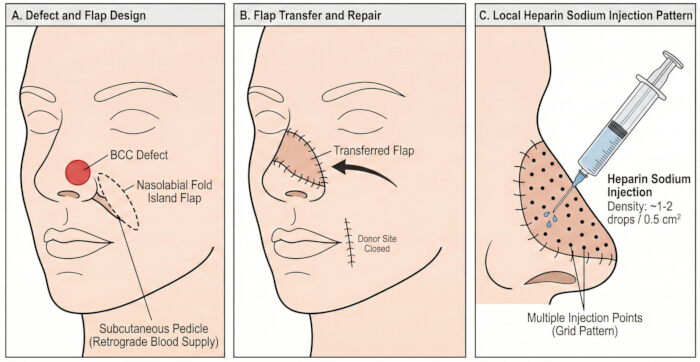 Nasal reconstruction process: diagram showing flap design, transfer, repair, and heparin injections.