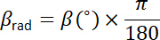 Angle conversion formula, β_rad=β(°)×π/180, trigonometry equation for educational use.