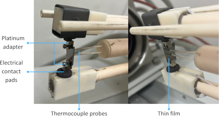 Thermocouple probes setup with platinum adapter and contact pads for thin film temperature analysis.