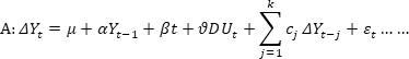 Static equilibrium formula; ΔYt=μ+αYt-1+βt+ϑDUt; mathematical diagram; data analysis equation.