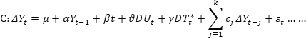 Equation showing a time series model with integrated autoregression and trend components.