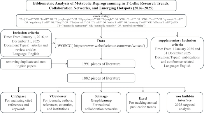 Bibliometric analysis flowchart on metabolic reprogramming in T cells; research tools and criteria.