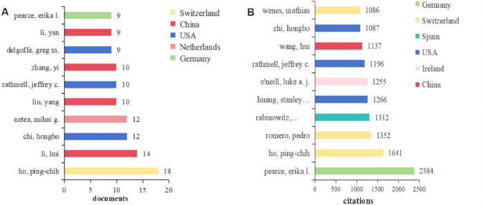 Data analysis bar charts showing document and citation counts by country in scientific research.