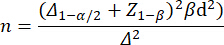 figure-protocol-1 Sample size calculation formula, n=((Δ_{1-α/2}+Z_{1-β})²βd²)/Δ², statistical analysis.