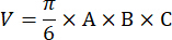 figure-protocol-2 Volume equation V=π/6×A×B×C for geometric calculation; mathematical formula display.