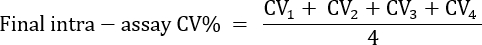 figure-protocol-10 Intra-assay CV% formula, averaging CVs from four measurements; statistical analysis method.