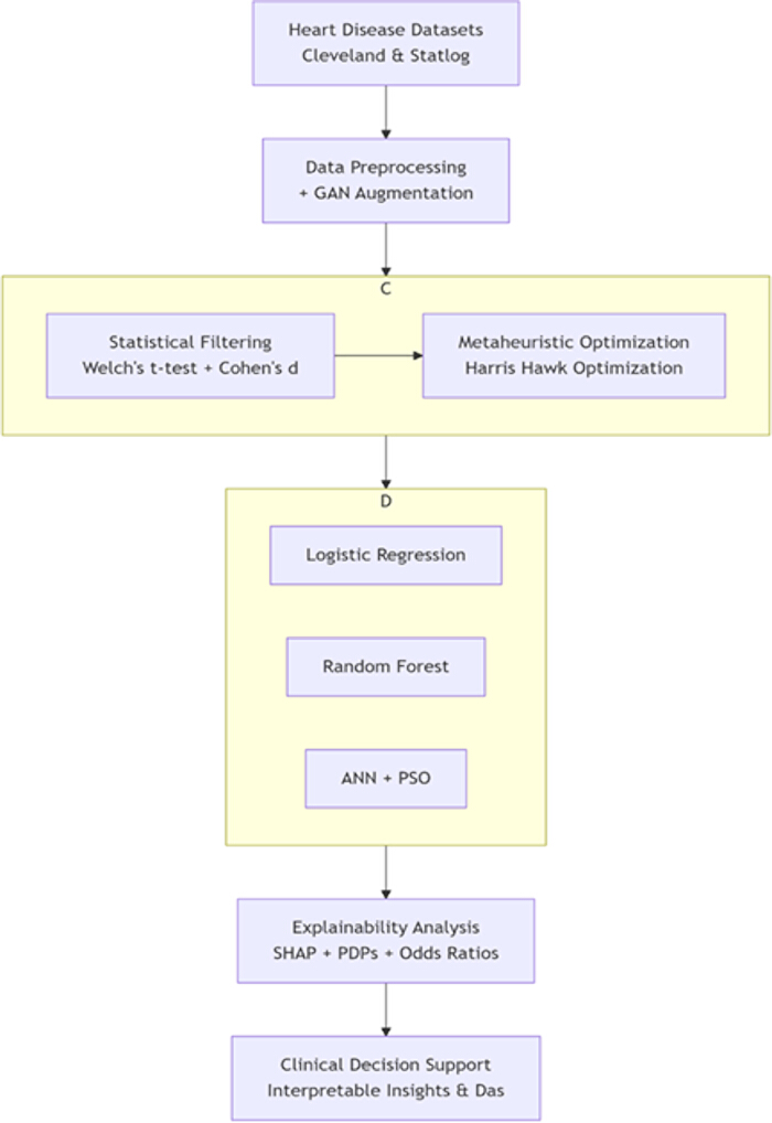 figure-introduction-1 Heart disease analysis flowchart: data preprocessing, statistical filtering, model training, explainability.