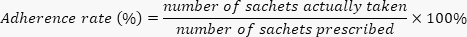 figure-protocol-1 Adherence rate formula, ratio of taken to prescribed sachets, mathematical expression.