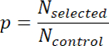 Proportion formula \(p = N_{\text{selected}} / N_{\text{control}}\), equation for statistical analysis.