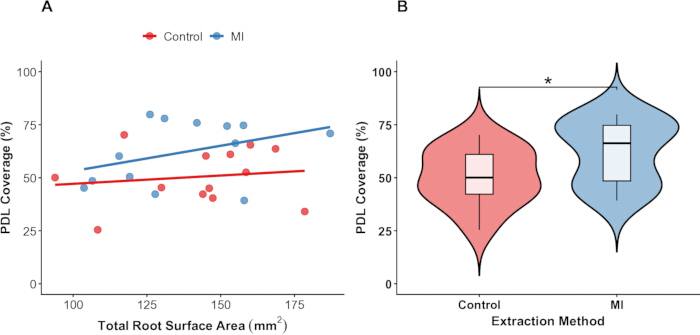 figure-results-5 PDL coverage vs. root surface area; statistical analysis, violin plot; control vs. MI groups.