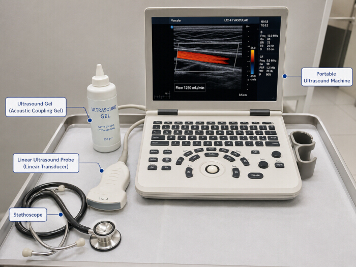 Ultrasound diagnostic setup with portable machine, probe, gel, and stethoscope for vascular imaging.