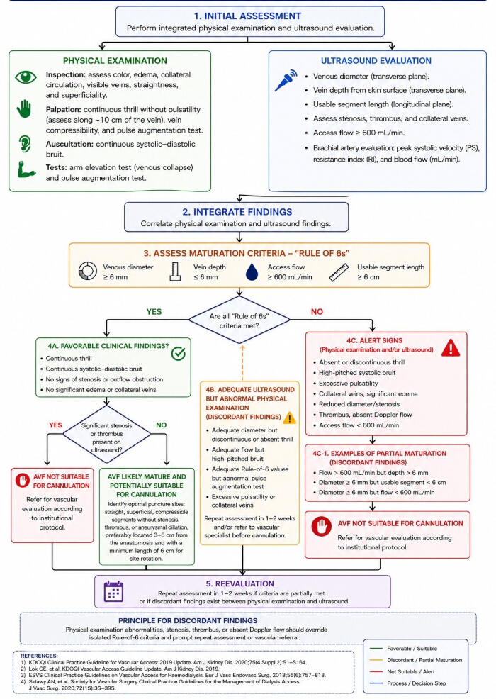 Integrated assessment flowchart for vascular access evaluation; includes physical exam, ultrasound.
