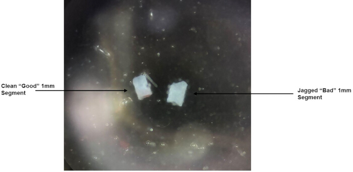 figure-results-3 Microscope image comparing good and bad 1mm segments for material quality analysis.