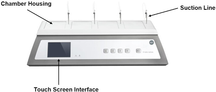 figure-results-4 Vacuum filtration setup; touch screen; chamber housing; suction line; laboratory equipment.