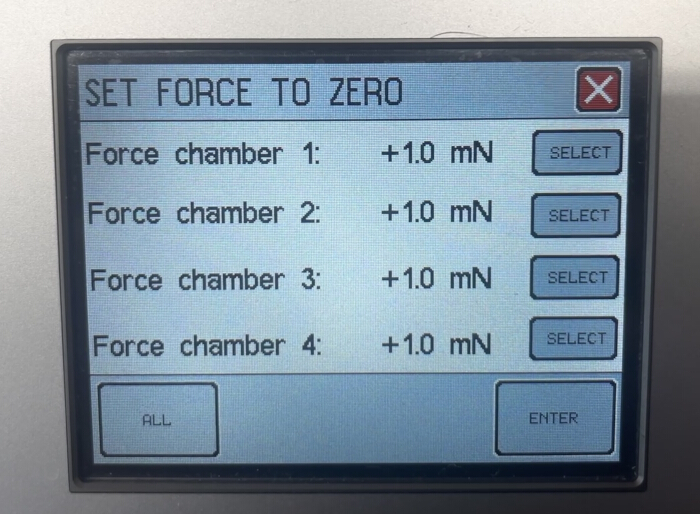 figure-results-7 Force equilibrium setup; digital interface for setting force chambers to zero; mechanical calibration.