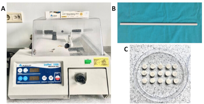 figure-results-1 Microtome setup for precise sectioning, biopsy tool and samples for histological analysis.