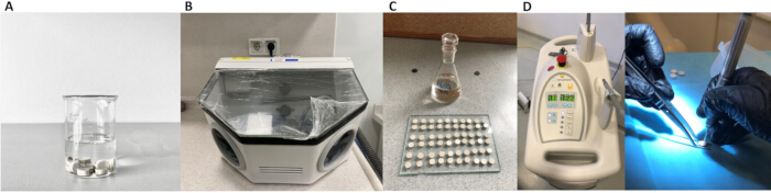 figure-results-2 Chemical process including beaker, centrifuge, flask, spectrometer; setup for compound analysis.