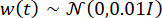 Equation of Gaussian noise model, w(t) ~ N(0,0.01), in statistical analysis.