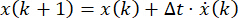 Discrete-time dynamic equation x(k+1)=x(k)+Δt·ẋ(k); formula for system modeling analysis.