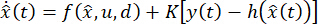 State estimation equation, \(\hat{x}(t) = f(\hat{x},u,d)+K[y(t)-h(\hat{x}(t))]\), formula.