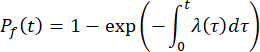 Equation for failure probability over time, P_f(t) formula, integral representation, reliability analysis.