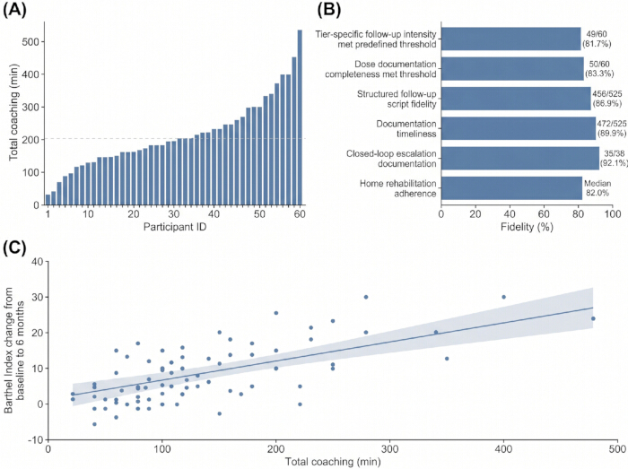 Coaching data analysis; bar and scatter plots; fidelity; Barthel Index; statistical trends.