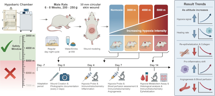 figure-results-1 Hypoxia impact study diagram with rats; includes probe, histology, and assay for wound healing analysis.