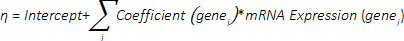 Genomic data analysis equation with sums for mRNA expression coefficients.