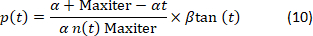 Equation for dynamic process, showing p(t) using α, β, and Maxiter variables in complex relation.