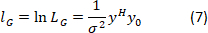 Logarithmic equation for statistical analysis; formula diagram including lnL_G, σ^2, y^H, y_0.