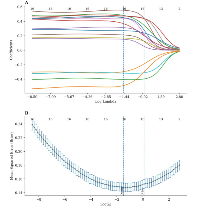 Lasso regression analysis charts; coefficients vs log lambda, mean squared error to lambda.