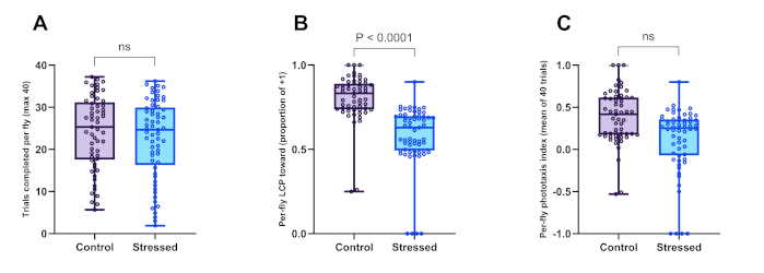 Box plot comparison: Control vs. Stressed in trials, proportion, index; statistical analysis chart.