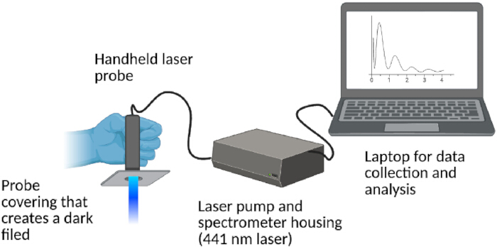 Handheld laser probe with spectrometer, 441 nm laser, for optical excitation and data analysis.