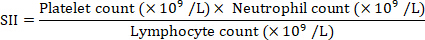 SII formula showing platelet, neutrophil, and lymphocyte ratios for immunological assessment.