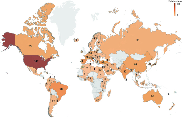 figure-results-3 World map showing scientific publication distribution; color-coded by publication volume.