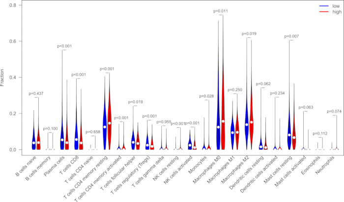 figure-results-6 Violin plot comparing immune cell fractions; statistical analysis; immune profiling; low vs high groups.