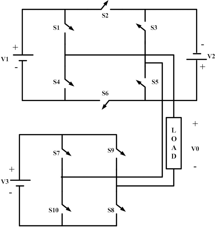 Bidirectional converter circuit diagram; switches S1-S10, three inputs V1-V3, output LOAD V0.