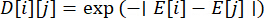 Static equilibrium formula, scientific equation D[i][j]=exp(-|E[i]-E[j]|), educational diagram.