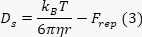 Diffusion equation, \(D_s = \frac{k_BT}{6\pi\eta r} - F_{rep}\), illustrating particle movement.