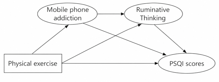 Mobile phone addiction, physical exercise impact on PSQI scores; causal diagram; ruminative thinking link.