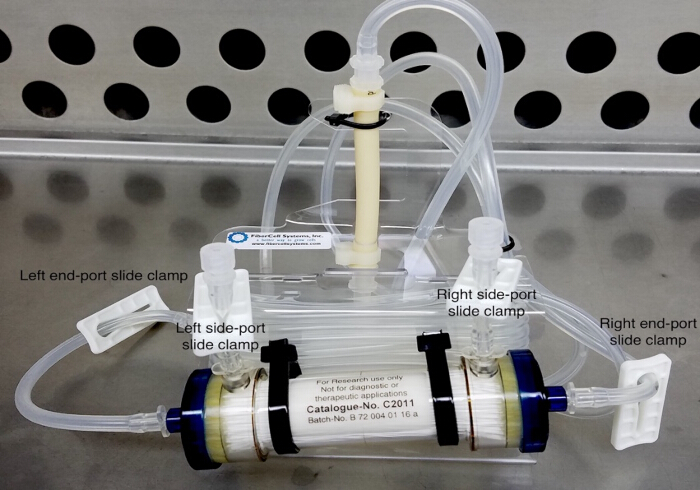 Cell culture bioreactor diagram; fluid system setup for cellular growth and protein expression.