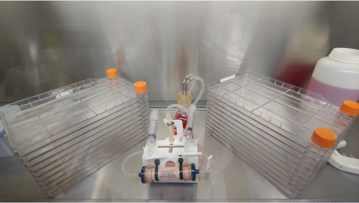 Bioreactor setup for cell culture; includes stacked flasks, tubing, and filtration system.