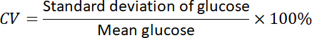 Coefficient of variation formula for glucose; ratio calculation, standard deviation over mean.