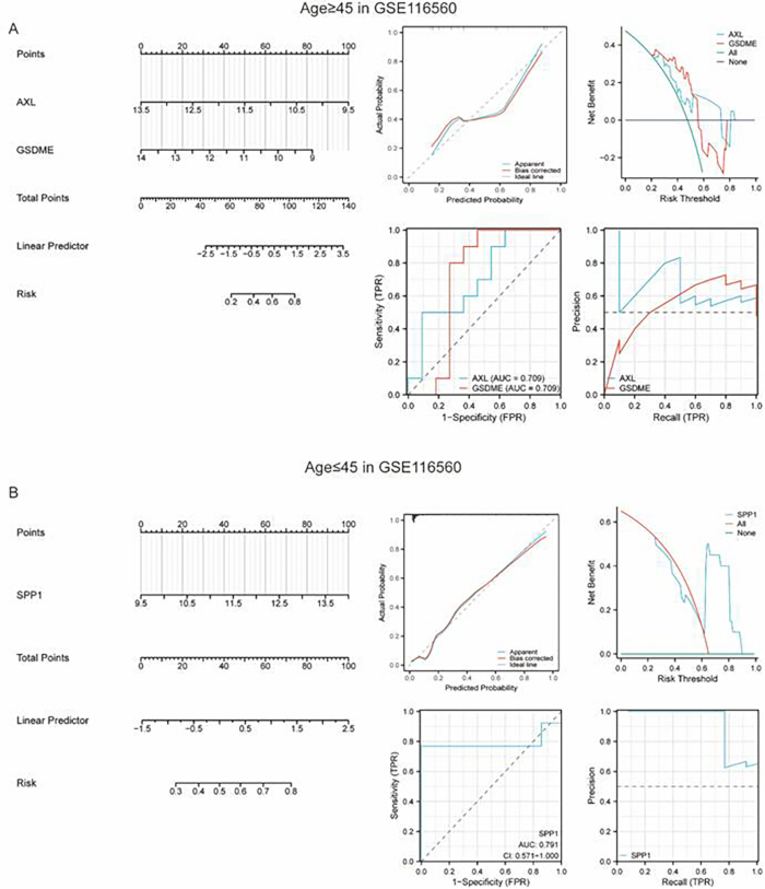 figure-results-4 Nomogram and ROC curves; age-specific cancer risk; diagnostic prediction; statistical model analysis.