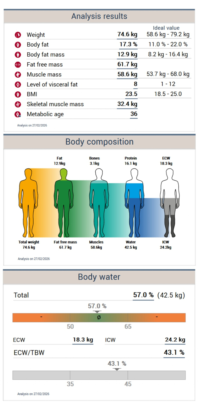 figure-results-1 Body analysis chart; composition, fat, muscles, BMI, water distribution; health assessment.