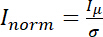 Normalized intensity equation I_norm=Iμ/σ, formula in statistical analysis.