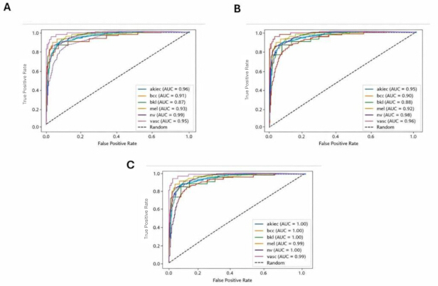 figure-protocol-13 ROC curves for classification models A-C; chart with AUC values evaluating true vs. false positive rates.